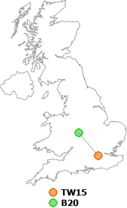map showing distance between TW15 and B20