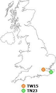 map showing distance between TW15 and TN23