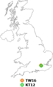 map showing distance between TW16 and KT12