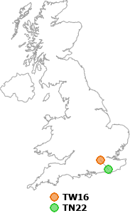 map showing distance between TW16 and TN22