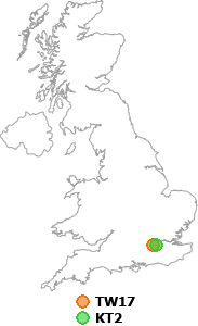 map showing distance between TW17 and KT2