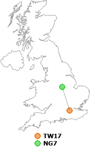 map showing distance between TW17 and NG7