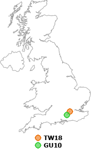 map showing distance between TW18 and GU10