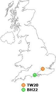 map showing distance between TW20 and BH22