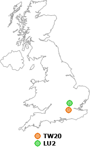 map showing distance between TW20 and LU2