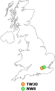 map showing distance between TW20 and NW8