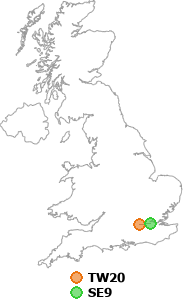 map showing distance between TW20 and SE9