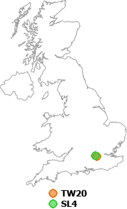 map showing distance between TW20 and SL4