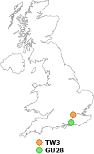 map showing distance between TW3 and GU28