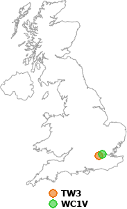 map showing distance between TW3 and WC1V