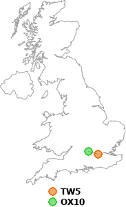 map showing distance between TW5 and OX10