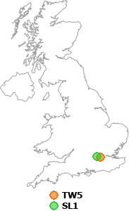 map showing distance between TW5 and SL1