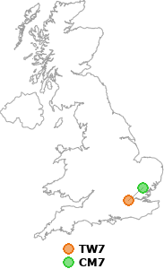 map showing distance between TW7 and CM7