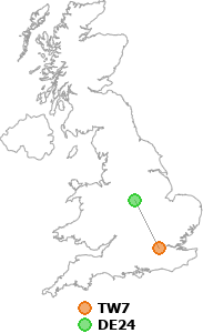 map showing distance between TW7 and DE24