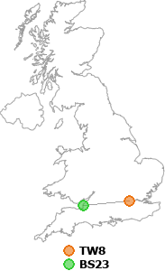 map showing distance between TW8 and BS23
