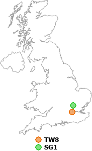 map showing distance between TW8 and SG1
