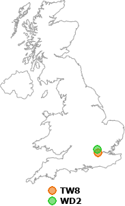 map showing distance between TW8 and WD2