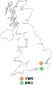 map showing distance between TW9 and BN3