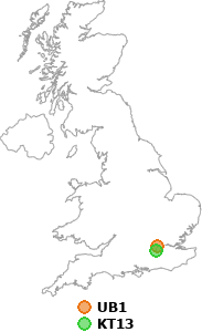 map showing distance between UB1 and KT13