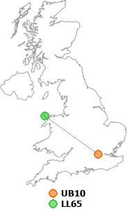map showing distance between UB10 and LL65