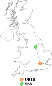 map showing distance between UB10 and S66