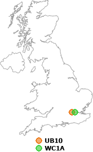 map showing distance between UB10 and WC1A