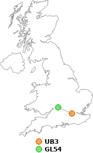 map showing distance between UB3 and GL54