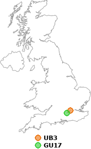 map showing distance between UB3 and GU17
