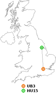 map showing distance between UB3 and HU15