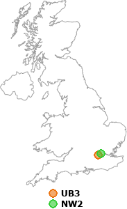 map showing distance between UB3 and NW2