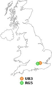 map showing distance between UB3 and RG5