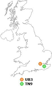 map showing distance between UB3 and TN9