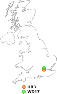 map showing distance between UB3 and WD17