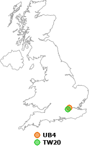 map showing distance between UB4 and TW20