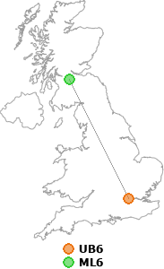 map showing distance between UB6 and ML6