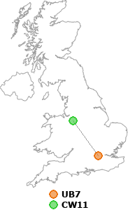 map showing distance between UB7 and CW11