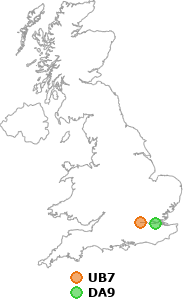 map showing distance between UB7 and DA9