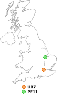 map showing distance between UB7 and PE11