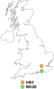 map showing distance between UB7 and RH20