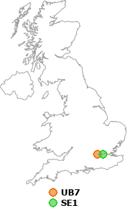 map showing distance between UB7 and SE1