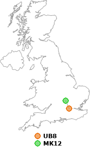 map showing distance between UB8 and MK12