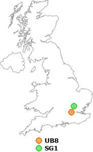 map showing distance between UB8 and SG1