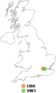 map showing distance between UB8 and SW3