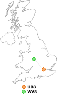 map showing distance between UB8 and WV8