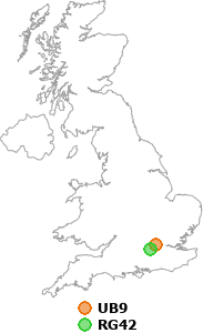 map showing distance between UB9 and RG42
