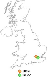 map showing distance between UB9 and SE27