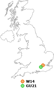 map showing distance between W14 and GU21
