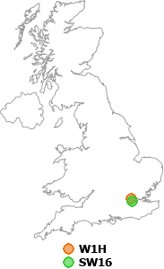 map showing distance between W1H and SW16