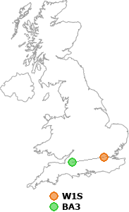 map showing distance between W1S and BA3