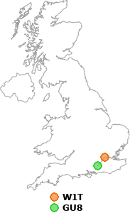 map showing distance between W1T and GU8